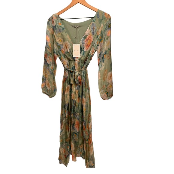 Elena Baldi Women Green Silk Blend Floral Print  Plunging Neck Dress-Medium - Picture 1 of 7